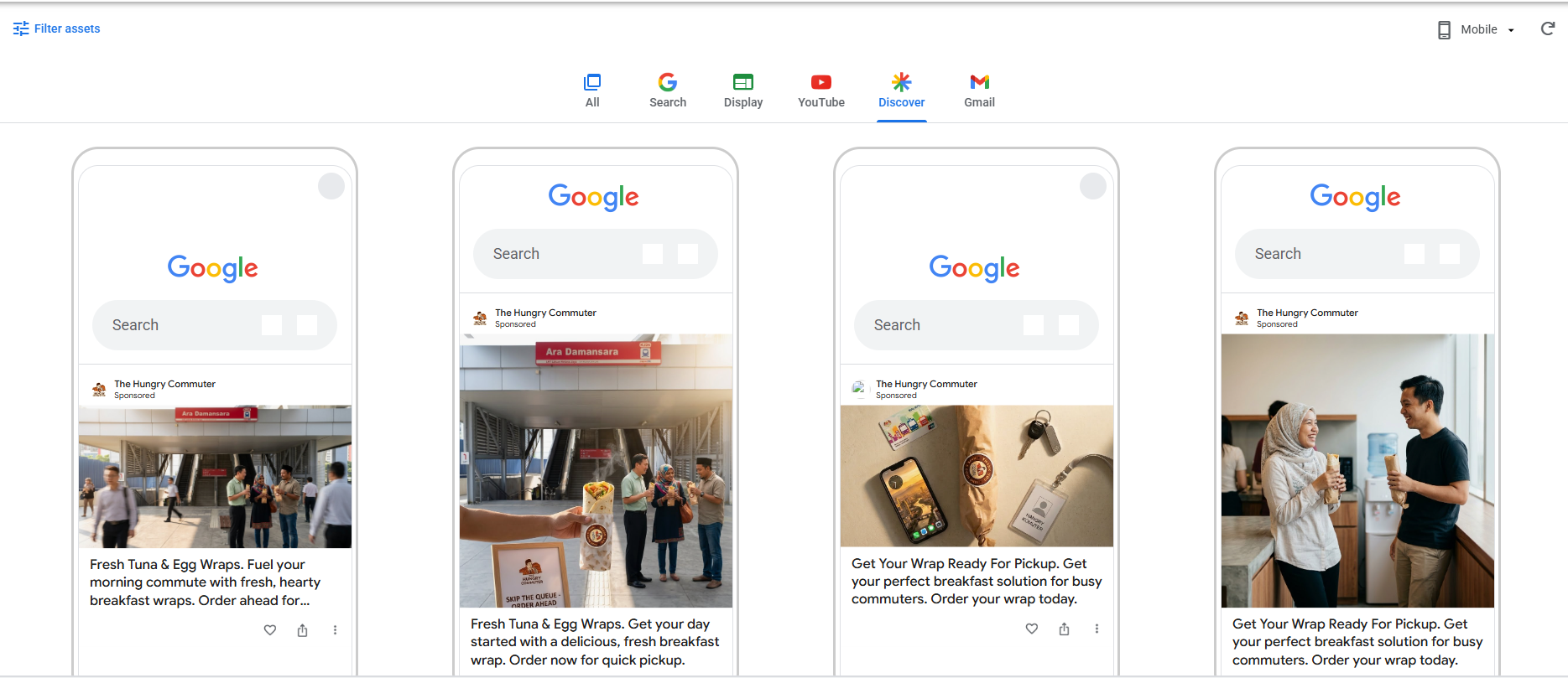 Google Ads Discover previews for The Hungry Commuter: four mobile mockups showing commuters with breakfast wraps and headlines such as Fresh Tuna and Egg Wraps and Get Your Wrap Ready For Pickup