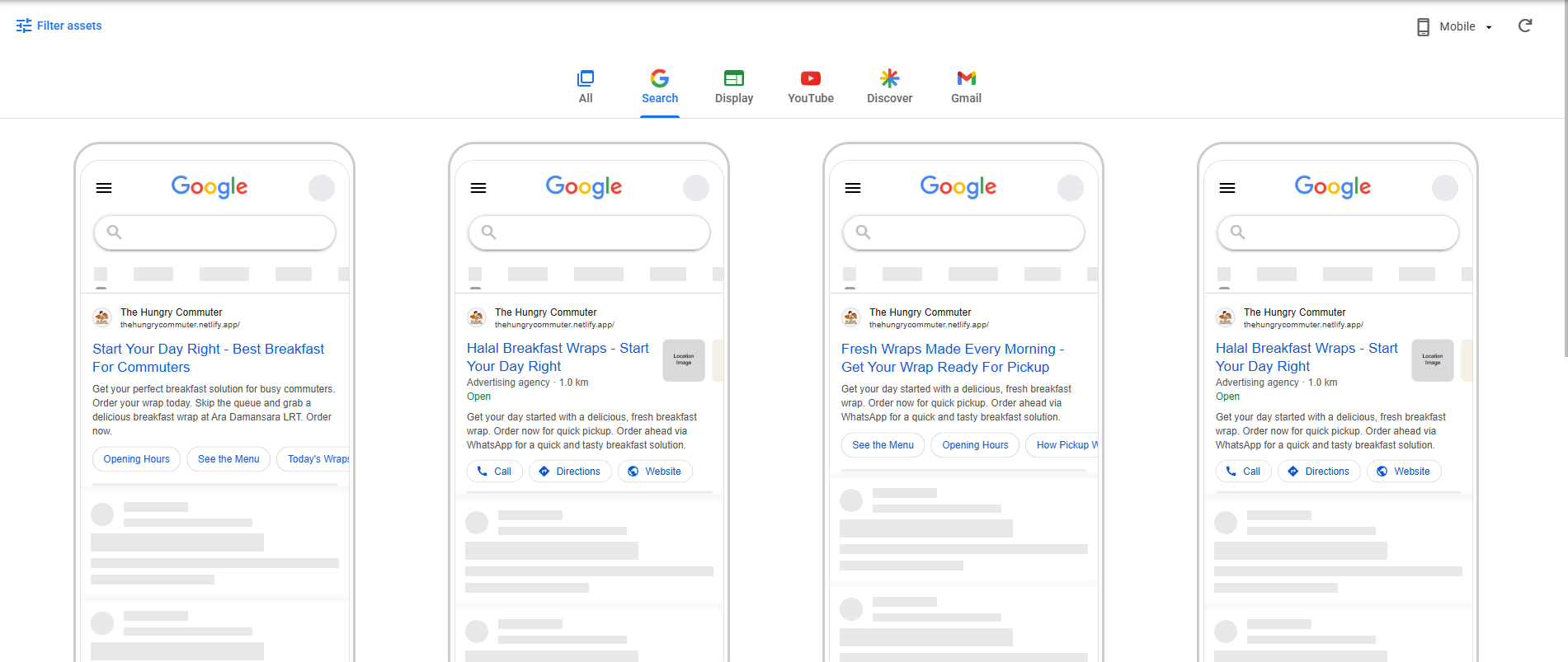 Google Ads Search previews for The Hungry Commuter: four mobile mockups with headlines such as Start Your Day Right and Halal Breakfast Wraps, plus Call, Directions and Website links