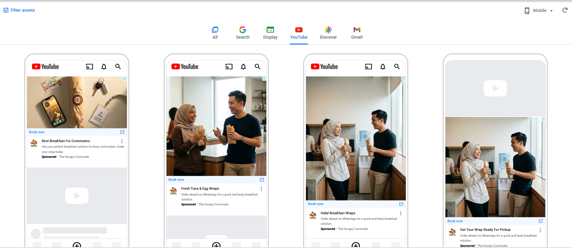 Google Ads YouTube previews for The Hungry Commuter: four mobile mockups with Book now buttons and headlines including Best Breakfast For Commuters and Halal Breakfast Wraps
