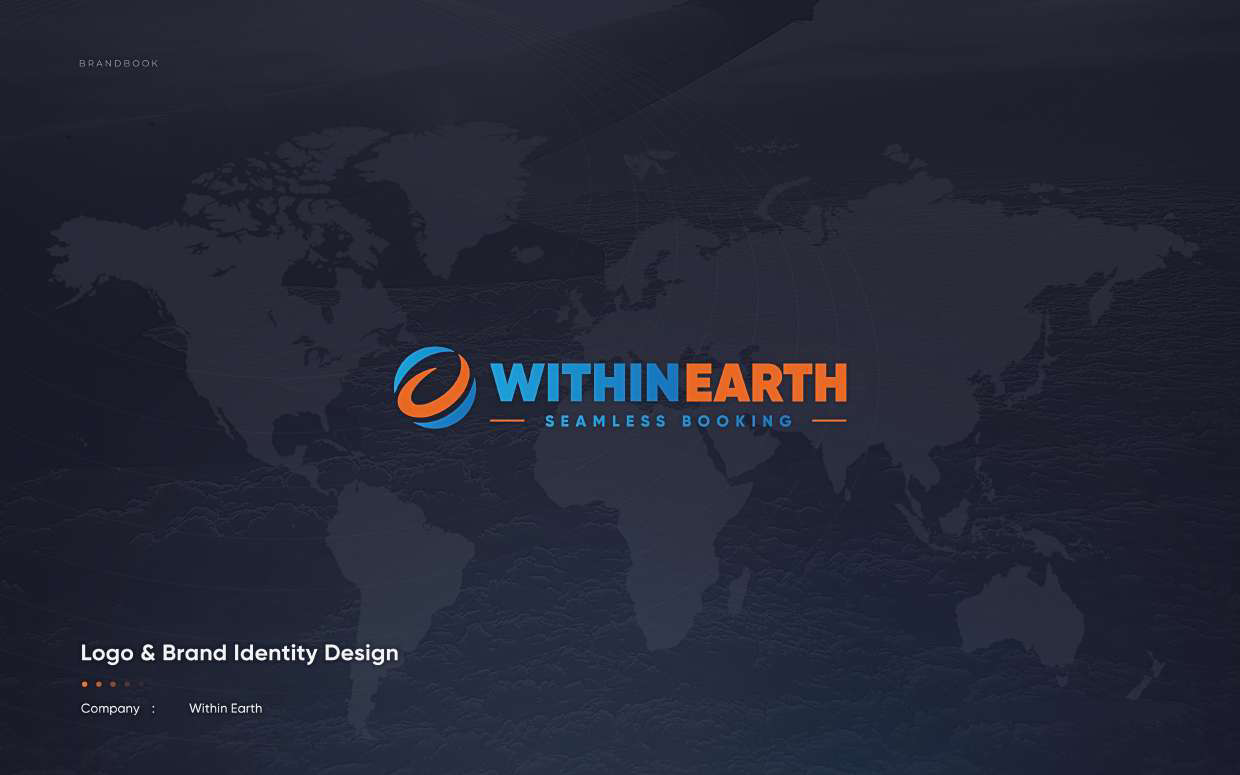 Within Earth brandbook cover: the new WithinEarth logo, Seamless Booking lockup, over a dark world map